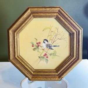 Vintage Homco Chickadee Bird Octagonal Framed Wall Art Gold Tone Made in USA